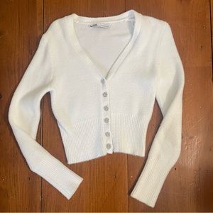Zara  fuzzy white crop fit cardigan with gem buttons